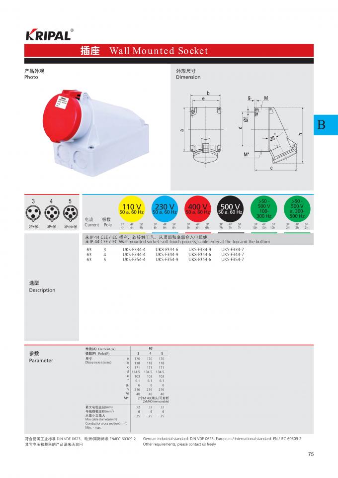 IP44 4P 63Amp Industrial Power Socket Wall Mounted IEC standard