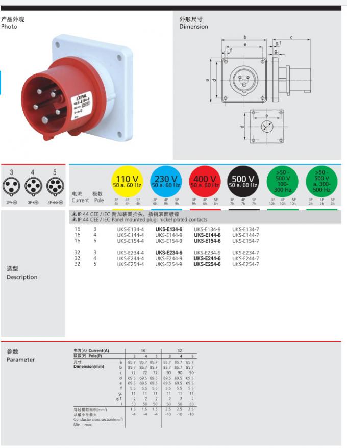 IP44 CEE / IEC Panel Mounted Industrial Plugs With Nickel Plated Contacts
